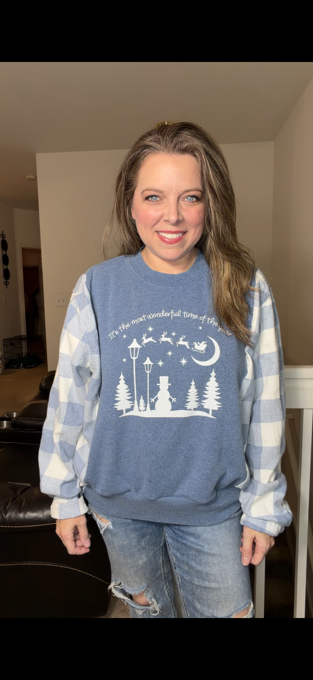 Upcycled wonderful time – women's small/medium midweight sweatshirt with flannel sleeves