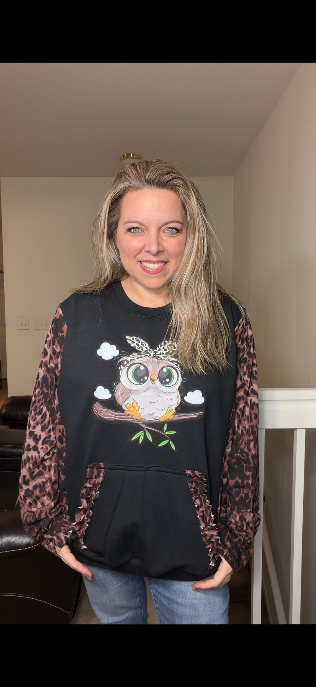 Upcycled Owl - women's 1X/2X midweight sweatshirt with stretch sleeves