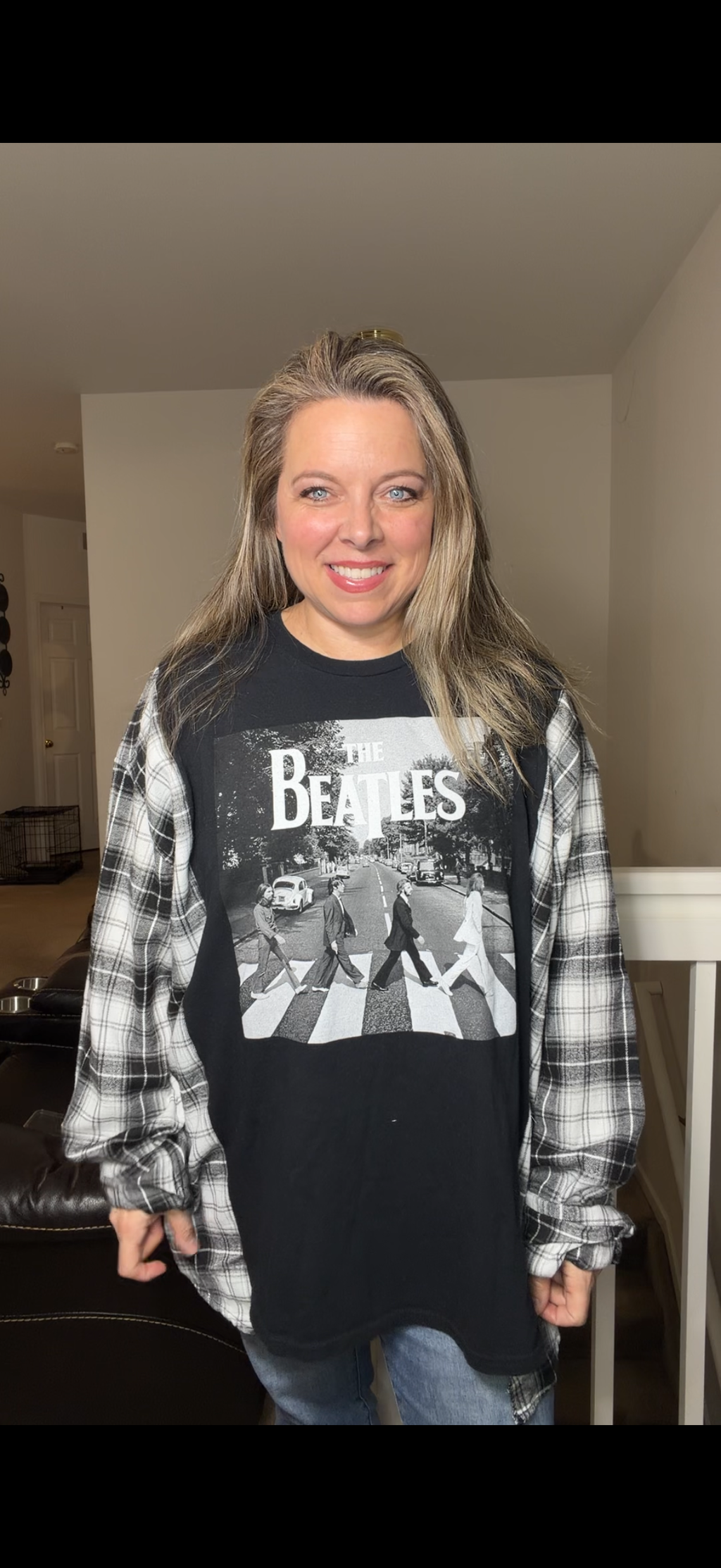 Upcycled Beatles - women's 4X T-shirt with flannel sleeves