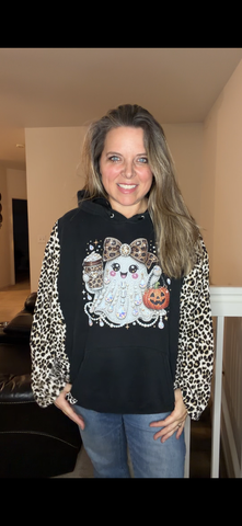 Upcycled Glitter Ghost - women's 1X/2X midweight sweatshirt with cotton sleeves