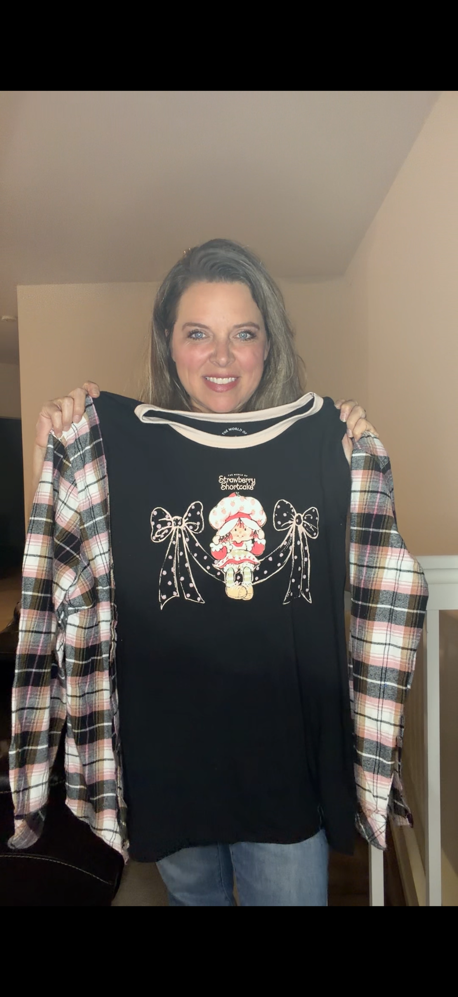Upcycled Strawberry Shortcake- pick size between women's XS/4X – tshirt with flannel sleeves