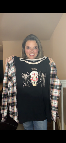 Upcycled Strawberry Shortcake- pick size between women's XS/4X – tshirt with flannel sleeves