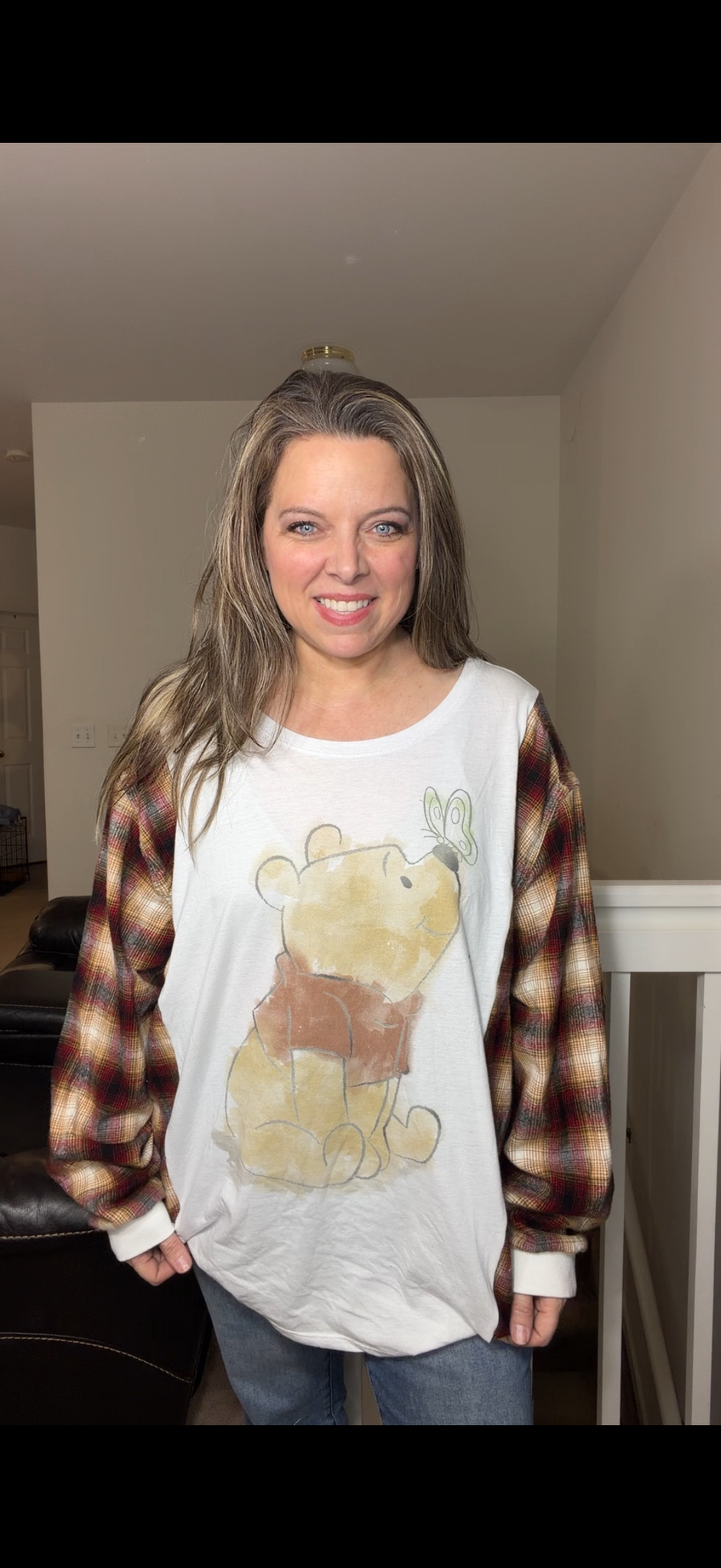 Upcycled Pooh - women's 2X/3X thin T-shirt with flannel sleeves