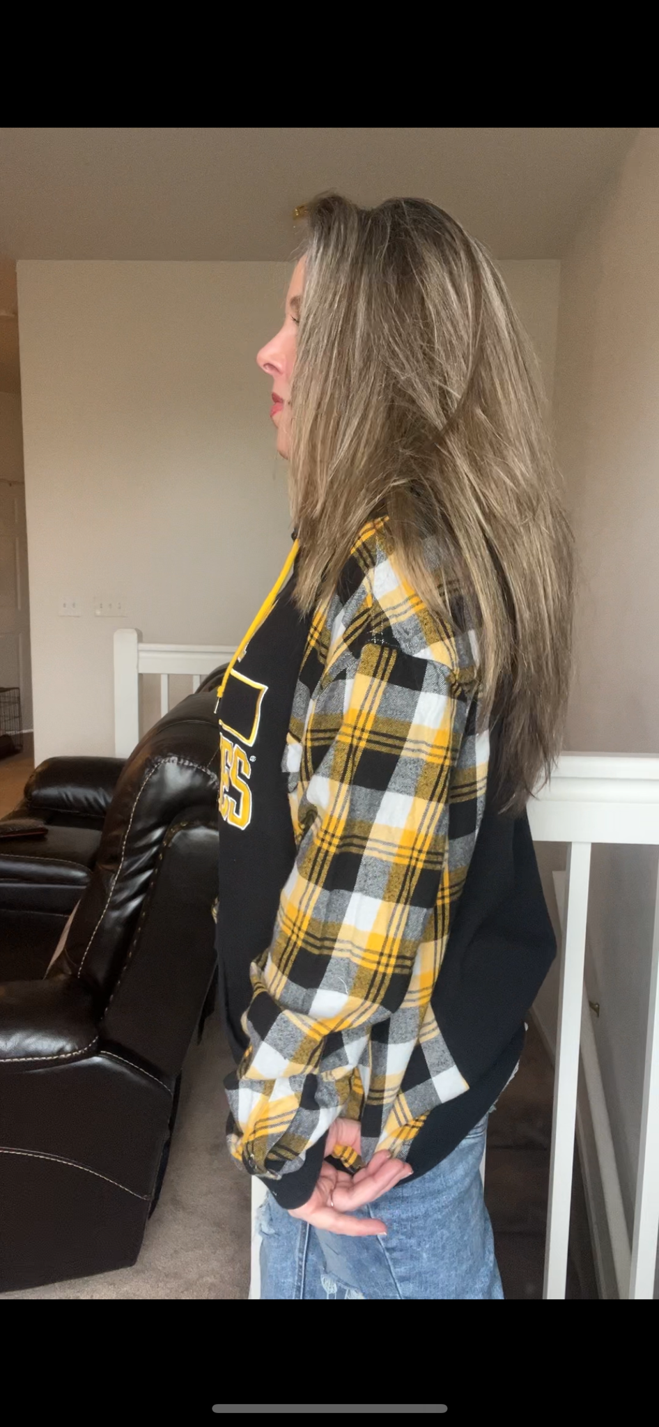 Upcycled Hawkeyes – women’s L/XL - soft, thick sweatshirt with flannel sleeves￼