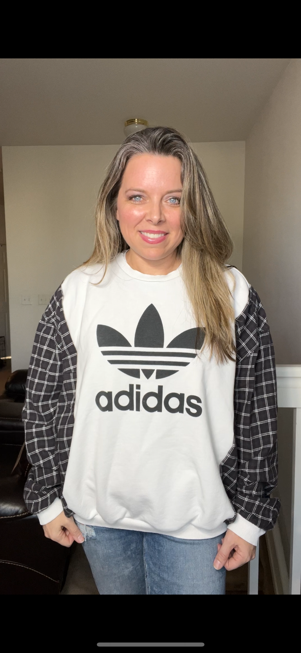 Upcycled white Adidas – women’s M/L – midweight sweatshirt with flannel sleeves ￼