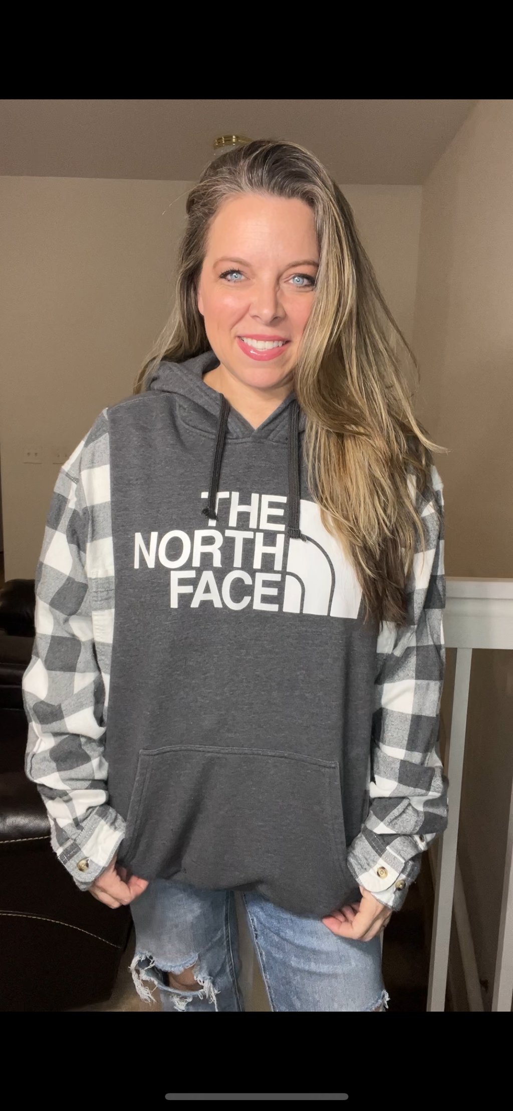 Upcycled Northface – women’s 1X/2X midweight sweatshirt with flannel sleeves