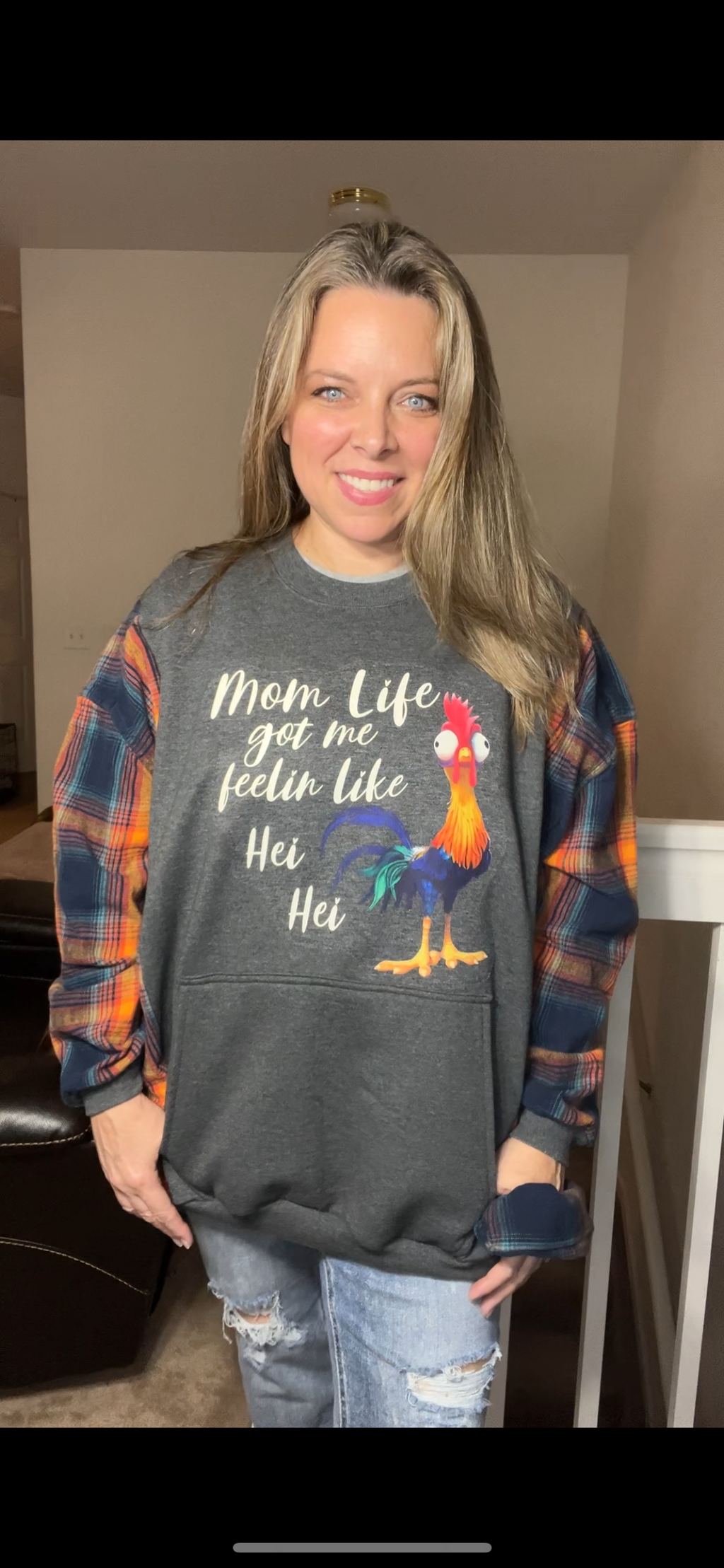 Upcycled Hei Hei - Women’s 1X – midweight sweatshirt with flannel sleeves￼