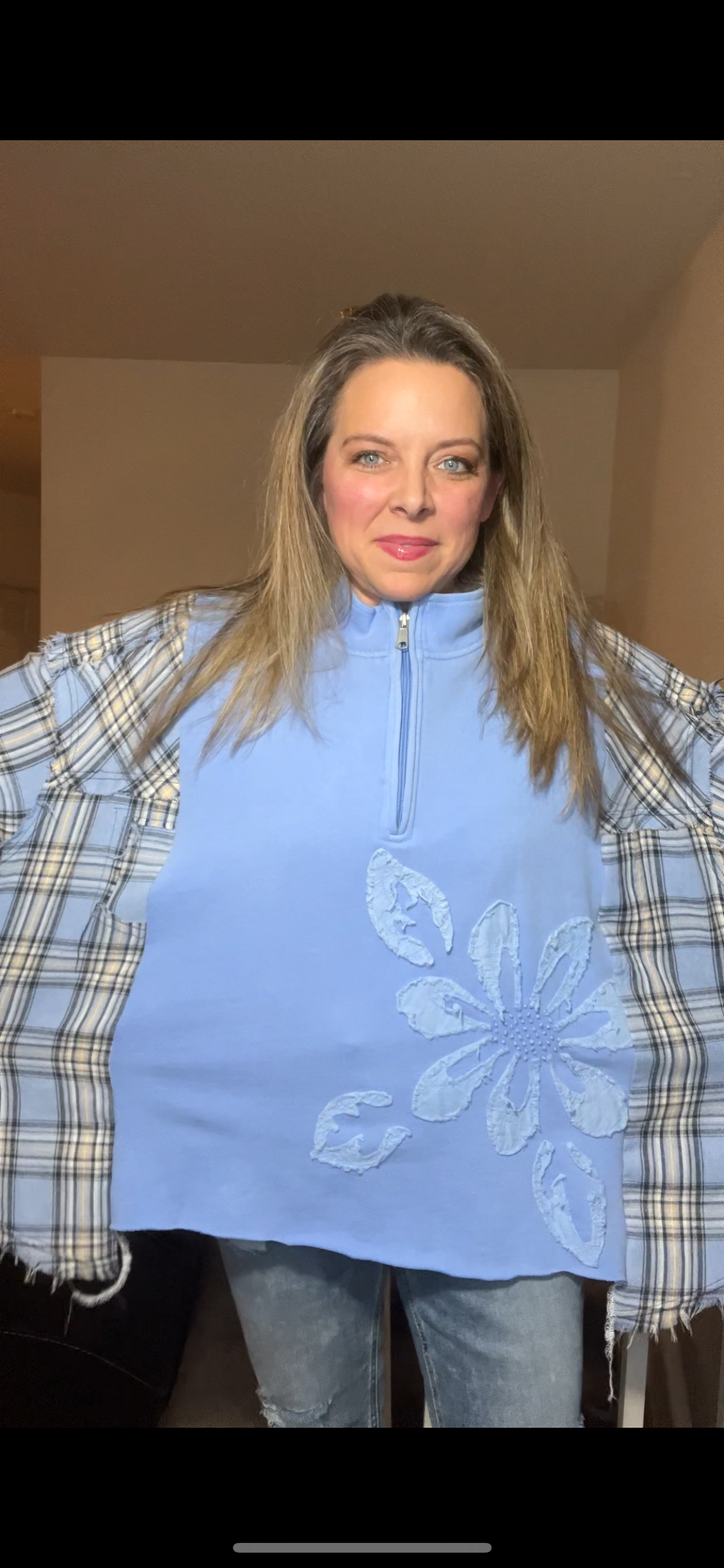 Upcycled Periwinkle - Women’s 3X/4X – French terry, midweight sweatshirt with flannel sleeves – bottom band can be added￼