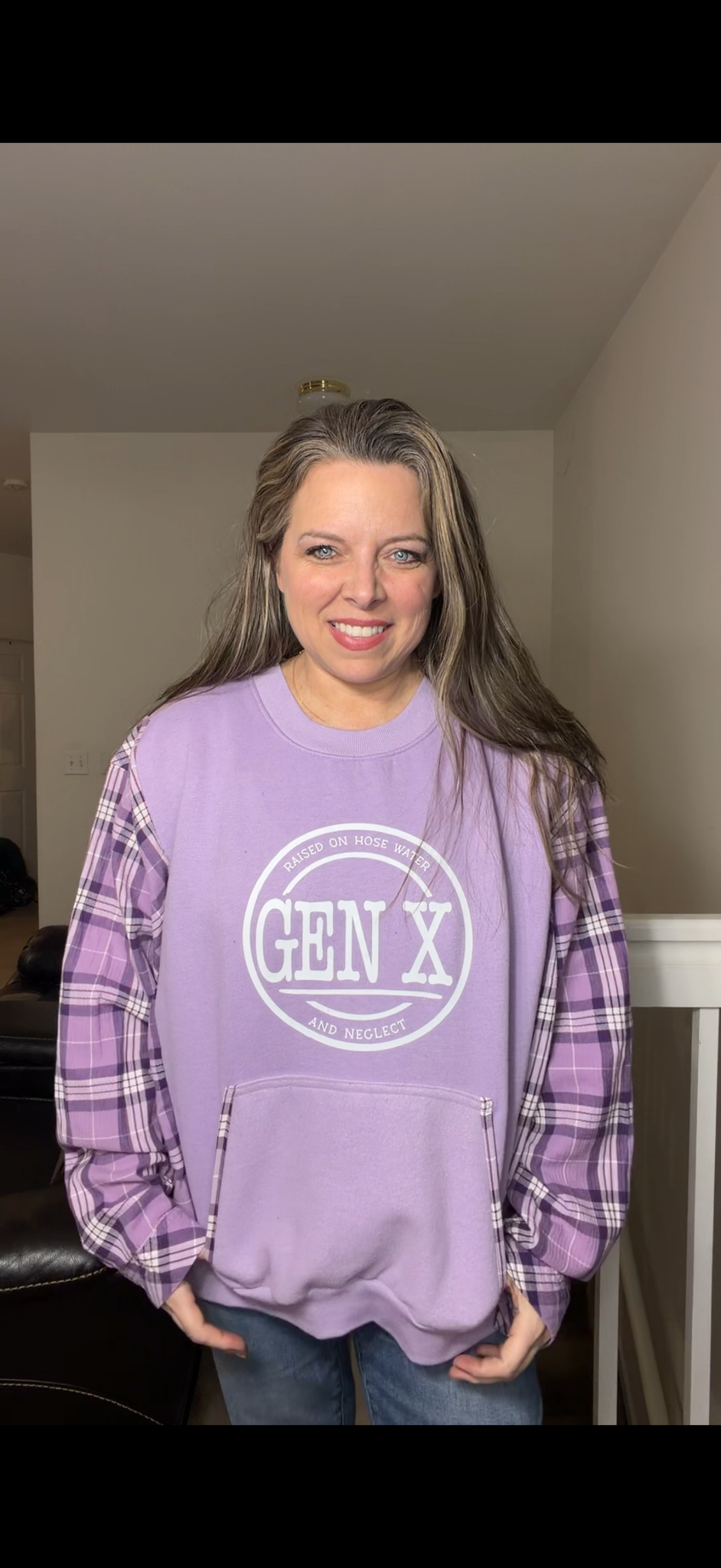 Upcycled Gen X - women's 2X midweight sweatshirt with thin flannel sleeves