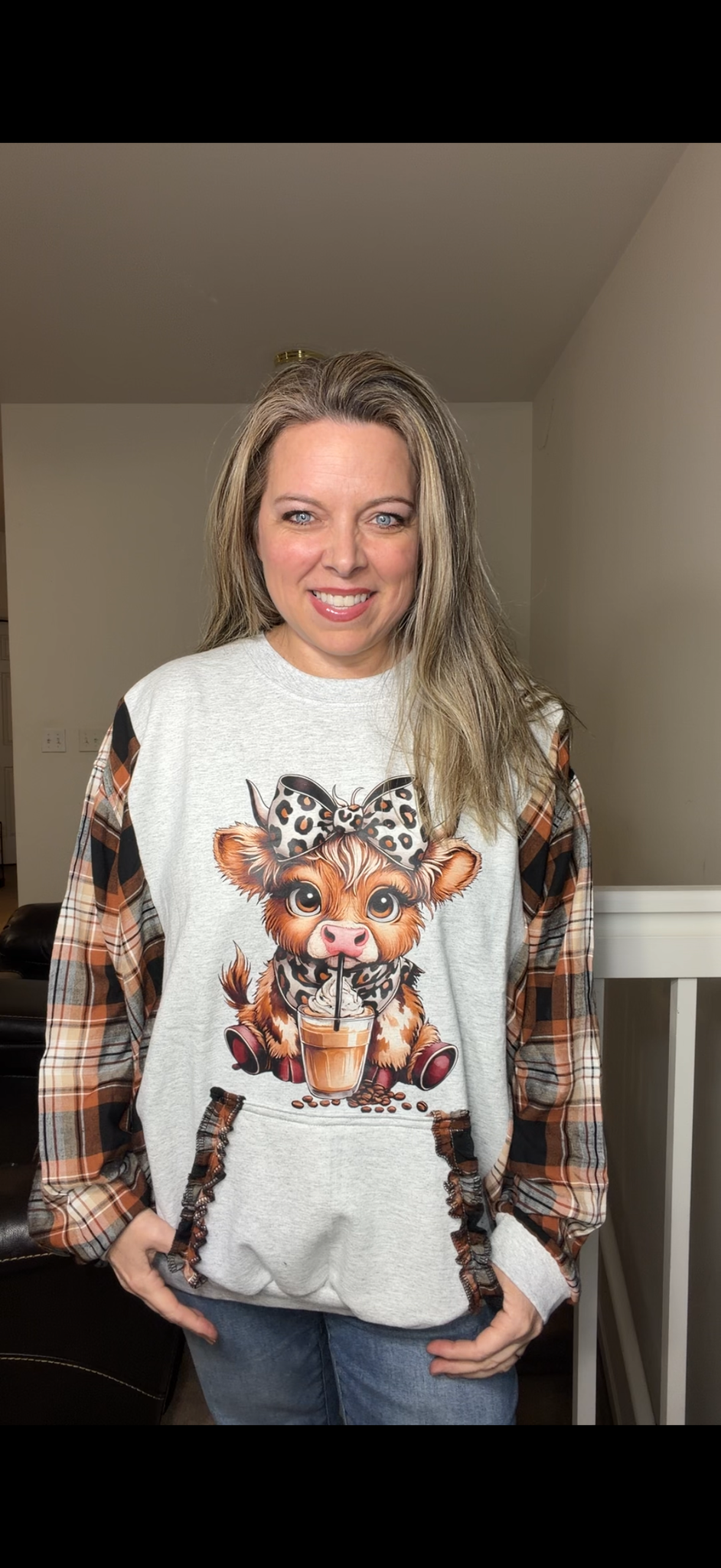 Upcycled Cow - women's 2X midweight sweatshirt with thin flannel sleeves