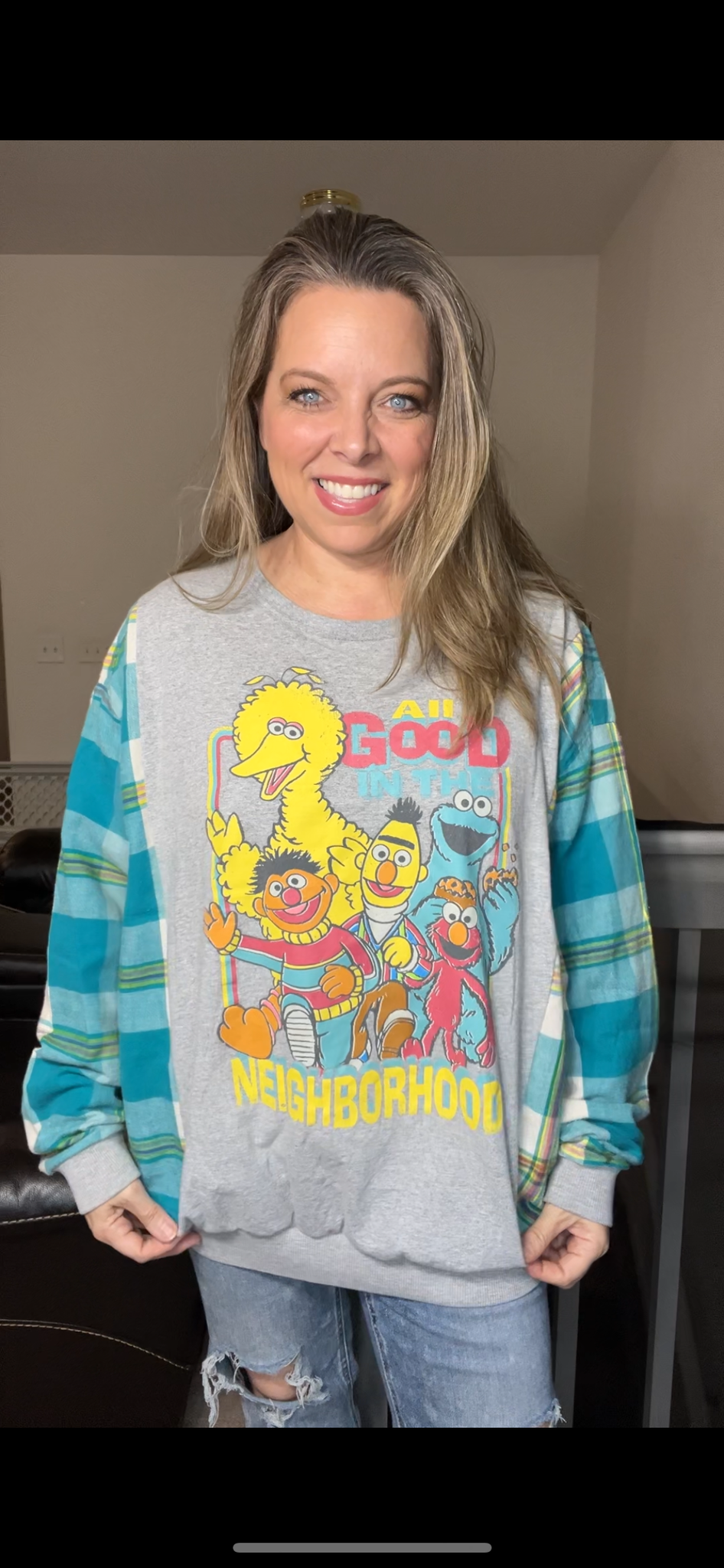 Upcycled Sesame Street – women’s 2X/3X T-shirt with flannel sleeves