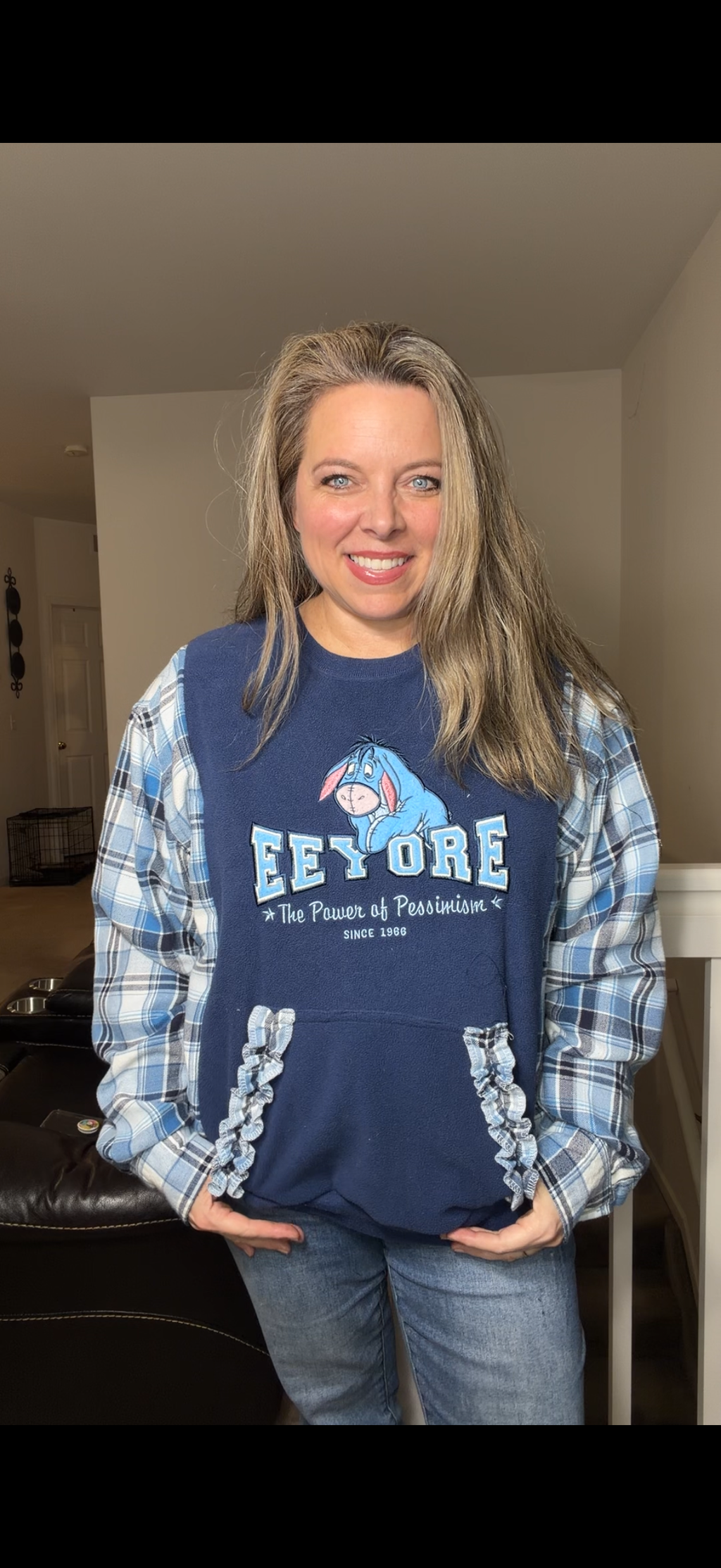 Upcycled Eeyore - women's medium fleece sweatshirt with flannel sleeves