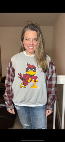 Upcycled Cyclones – women’s S/M – midweight sweatshirt with flannel sleeves￼