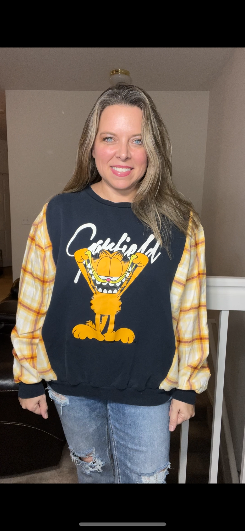 Upcycled Garfield – women’s small – midweight sweatshirt with flannel sleeves￼