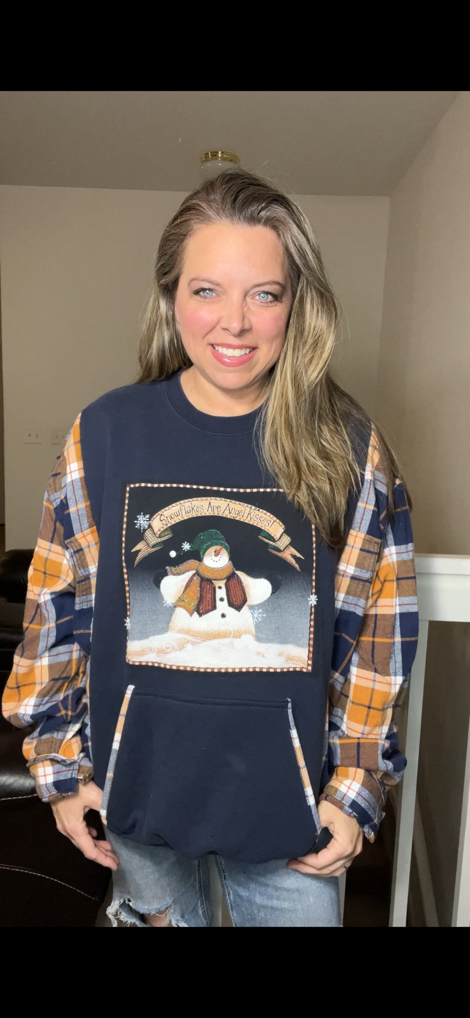 Upcycled Kisses – women’s 2X midweight sweatshirt with flannel sleeves