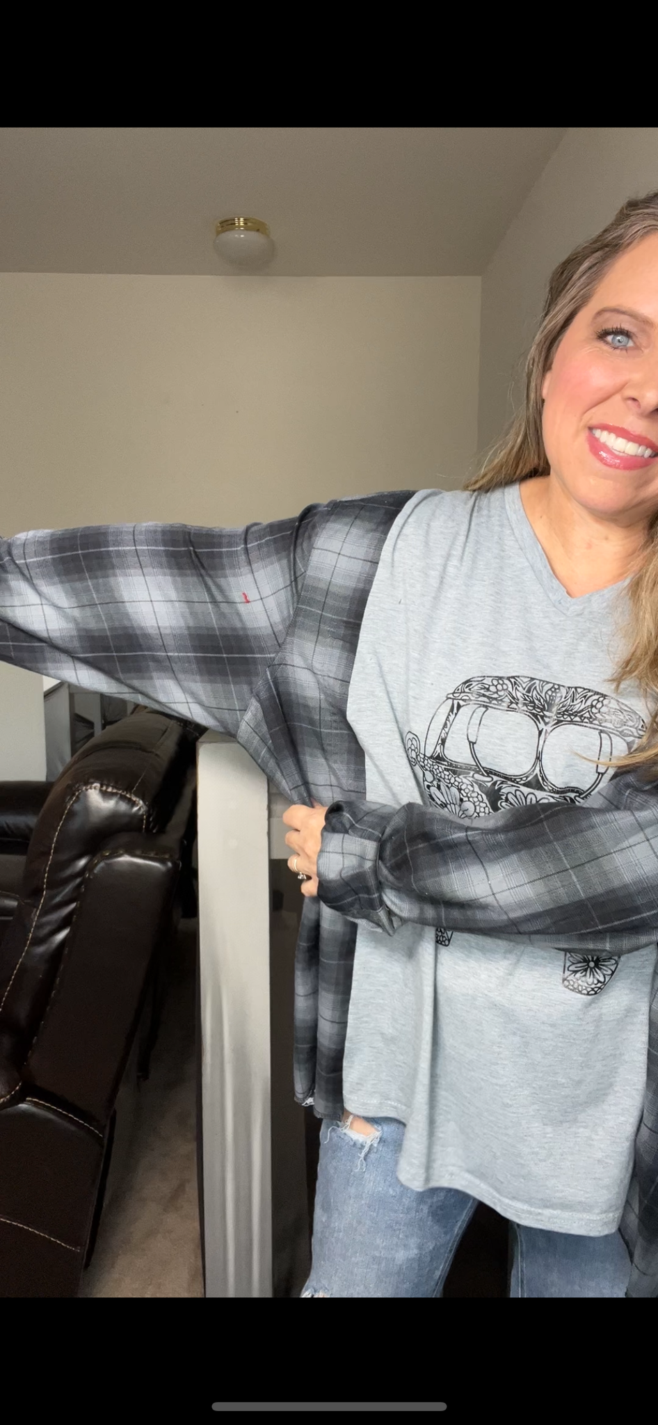 Upcycled Bus – women’s 3X/4X T-shirt with flannel sleeves