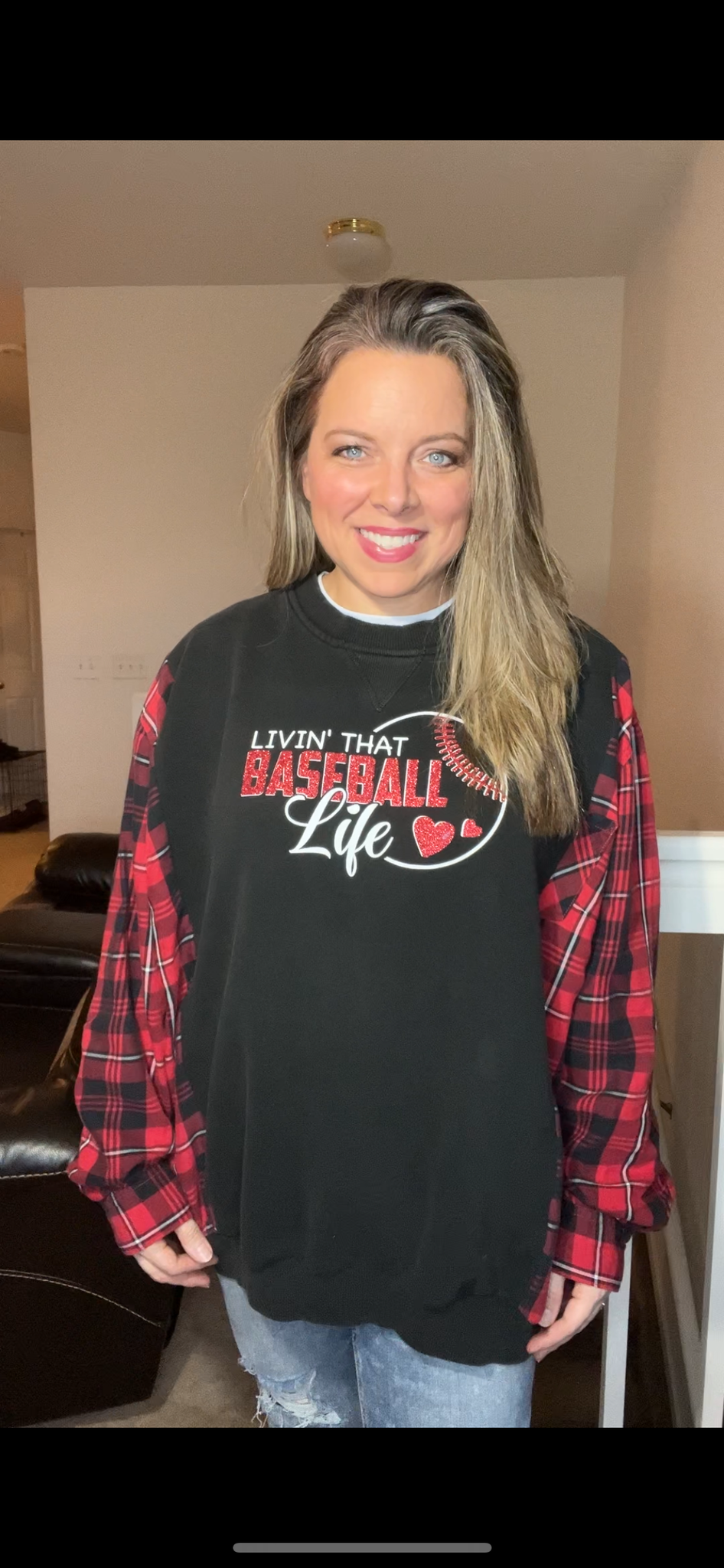 Upcycled Baseball Life – women’s 1X/2X – midweight sweatshirt with flannel sleeves￼