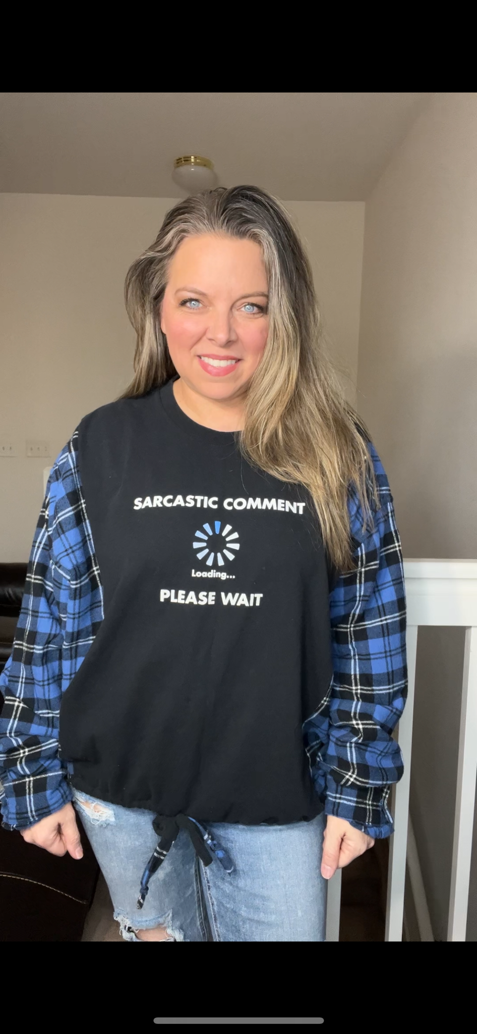 Upcycled Sarcastic – women’s 1X/2X – T-shirt with flannel sleeves