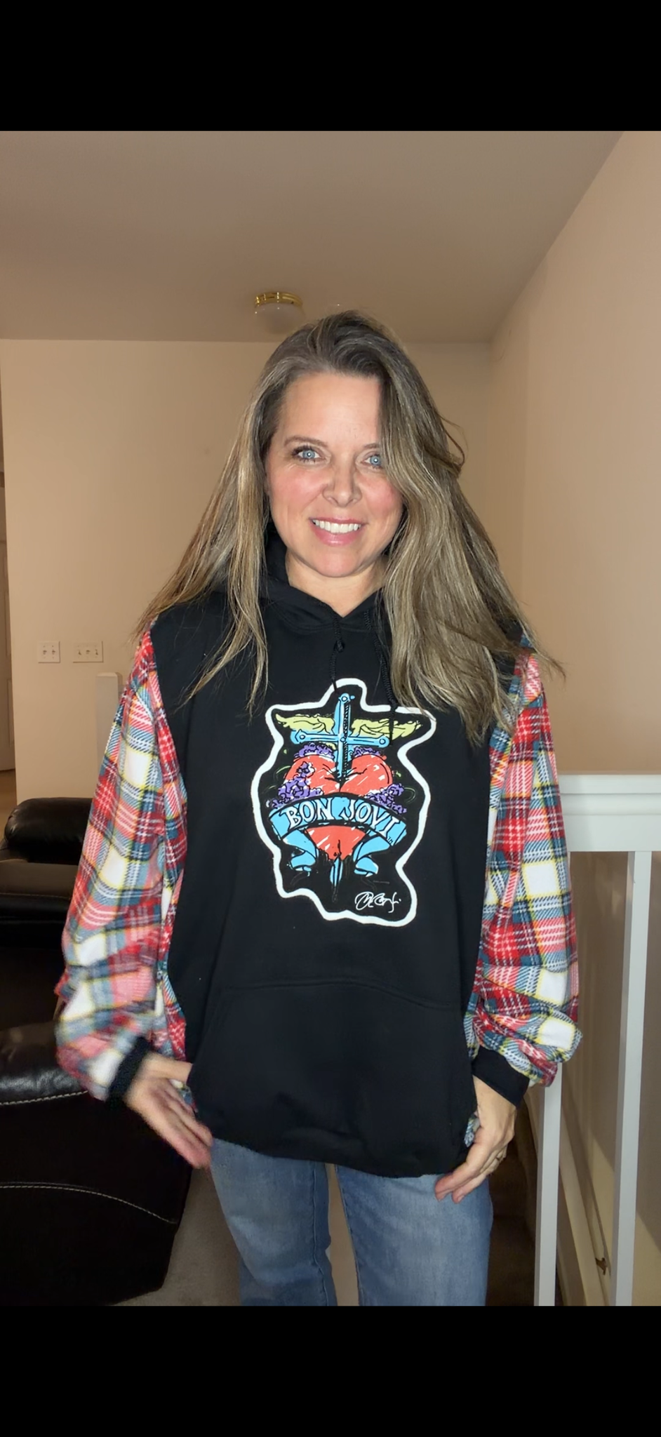 Upcycled Bon Jovi - women's 3X/4X midweight sweatshirt with stretchy fleece sleeves