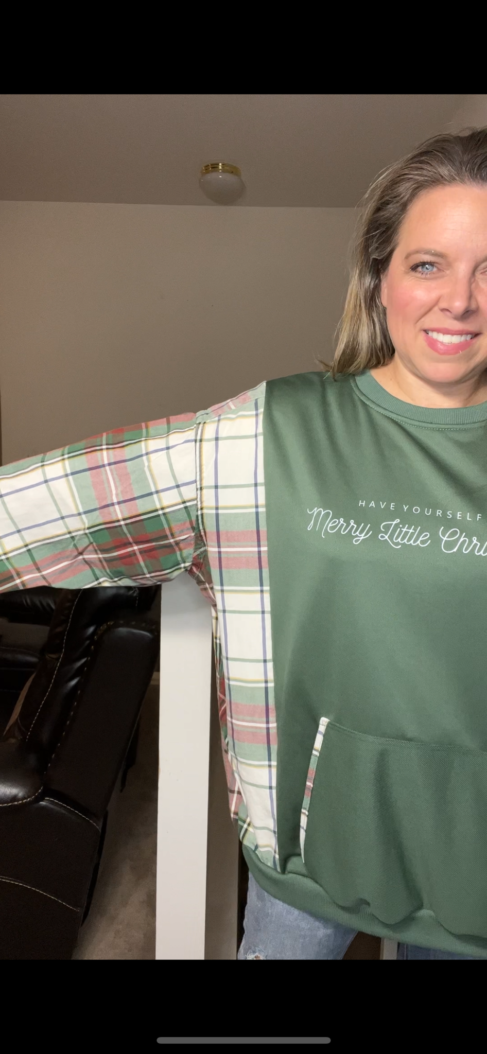 Upcycled Little Christmas – women’s 3X/4X – thin French terry sweatshirt with flannel sleeves