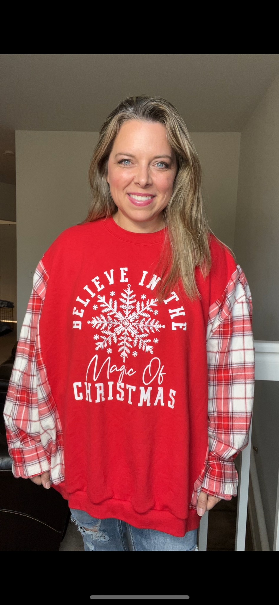 Upcycled Believe – women’s 3X/4X – midweight sweatshirt with flannel sleeves￼