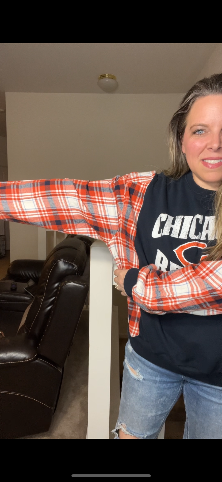 Upcycled Chicago Bears – women’s large/XL midweight sweatshirt with flannel sleeves