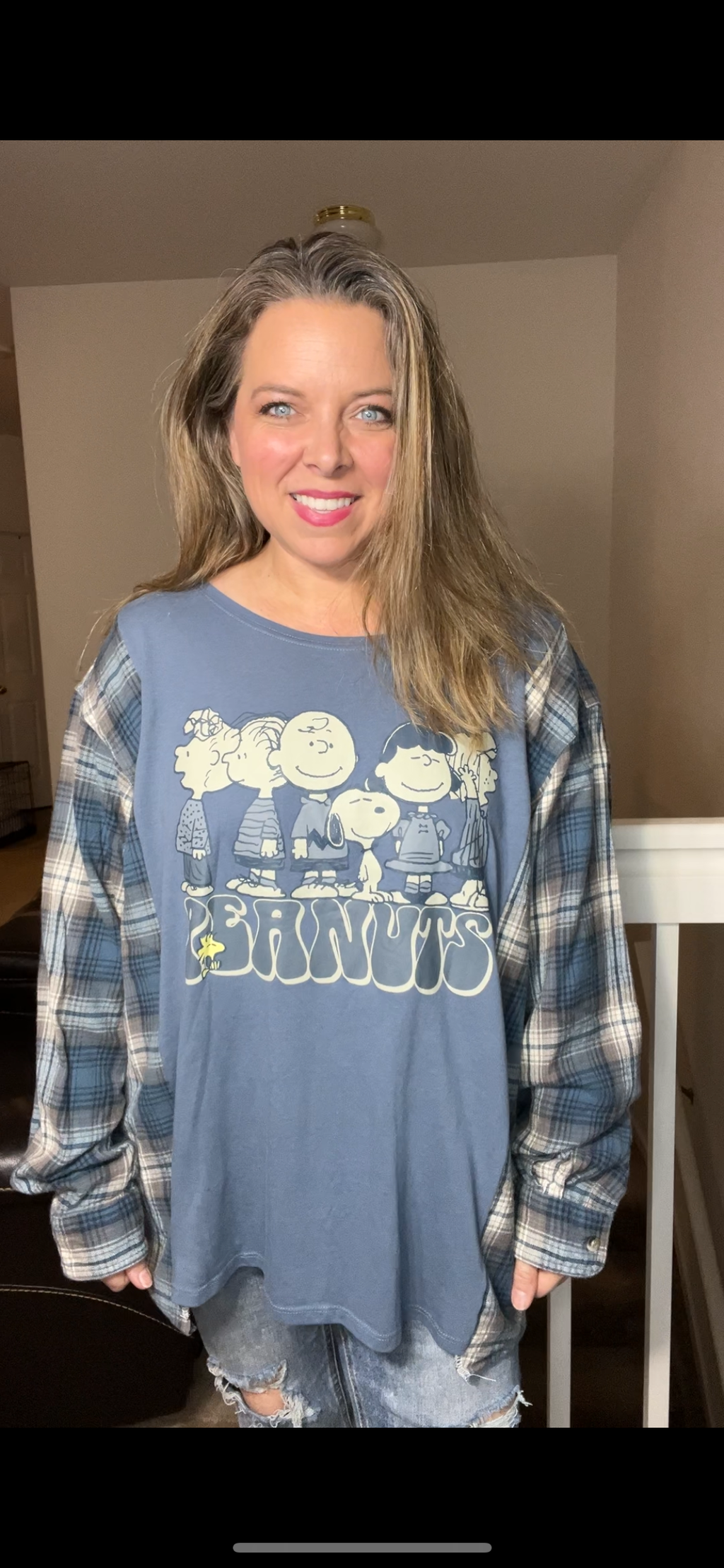 Upcycled Peanuts – women’s 1X – then T-shirt with flannel sleeves￼