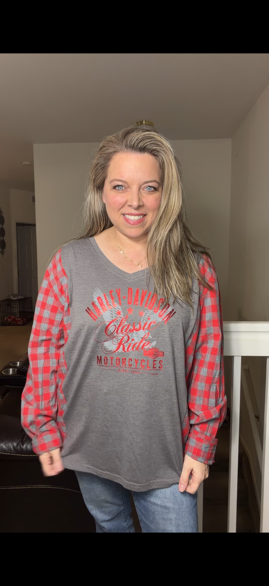 Upcycled Harley - women's large/XL T-shirt with cotton sleeves