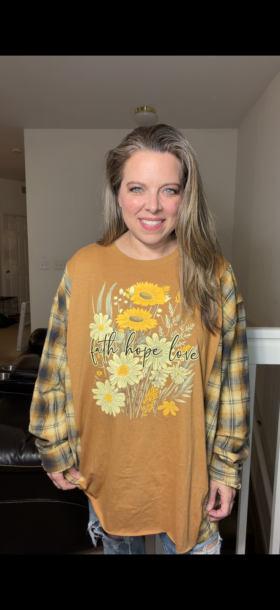 Upcycled Faith Hope Love – women's 4X T-shirt with flannel sleeves ￼