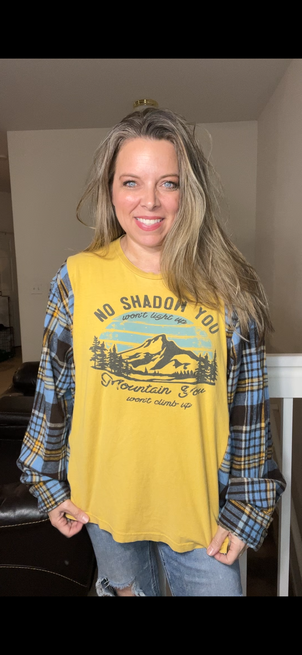 Upcycled Mountain – women’s 2X T-shirt with flannel sleeves
