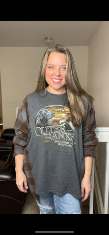 Upcycled Outer Banks – women’s 2X tshirt with flannel sleeves￼