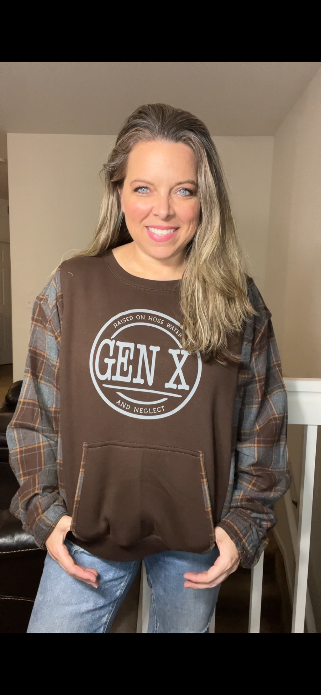 Upcycled Gen X Brown – women’s XL/1X midweight sweatshirt with flannel sleeves