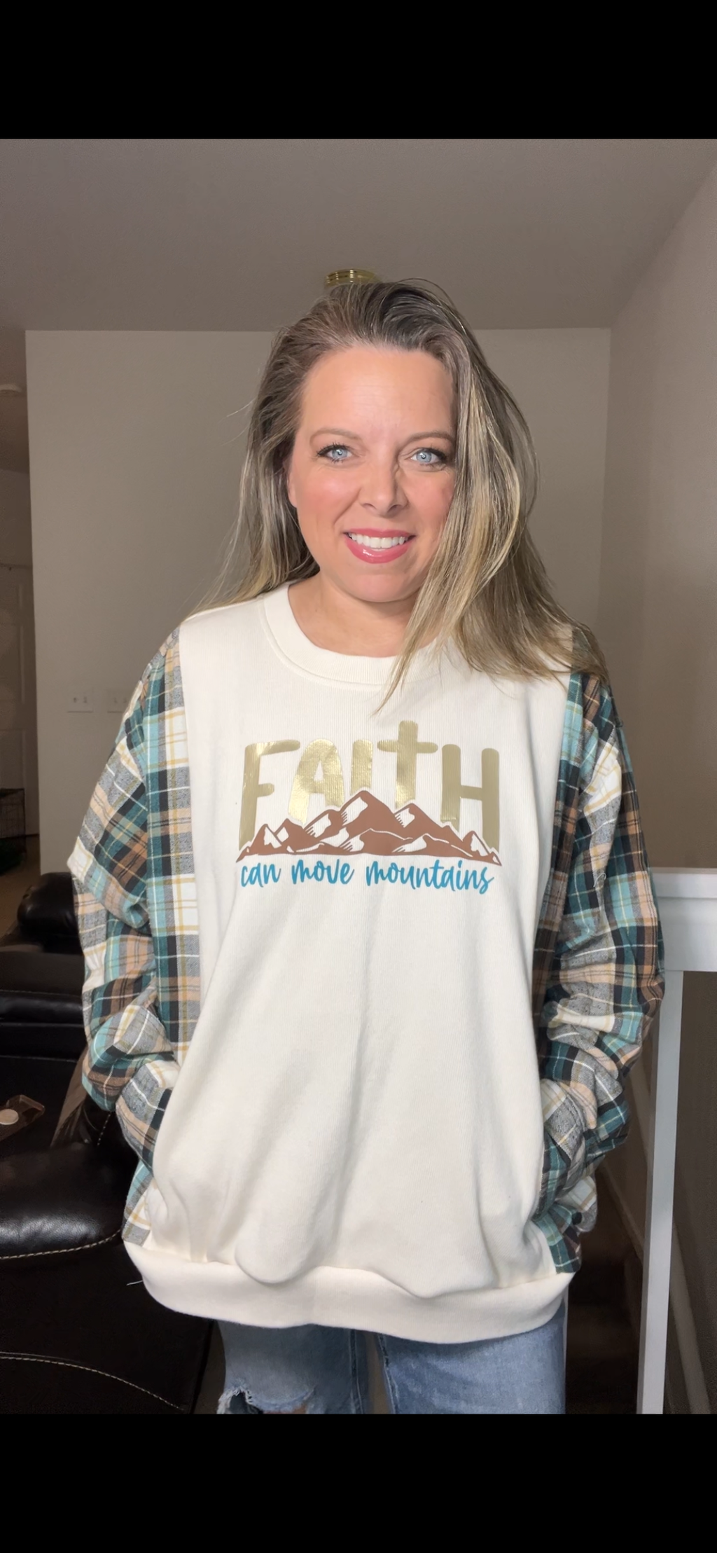 Upcycled Faith – women’s 2X/3X midweight sweatshirt with flannel sleeves