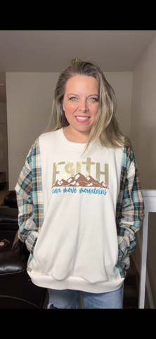 Upcycled Faith – women’s 2X/3X midweight sweatshirt with flannel sleeves
