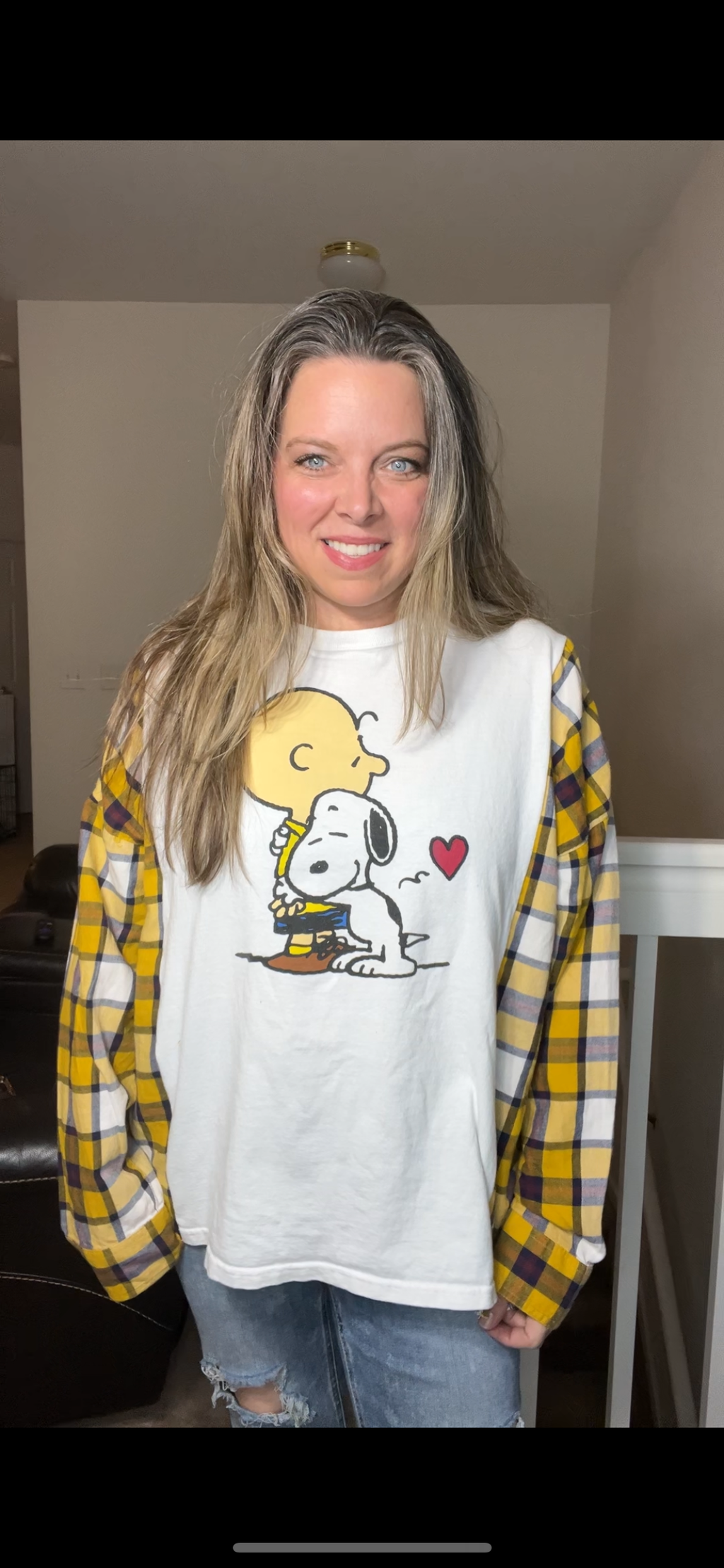 Upcycled Charlie Brown – women’s 1X T-shirt with flannel sleeves