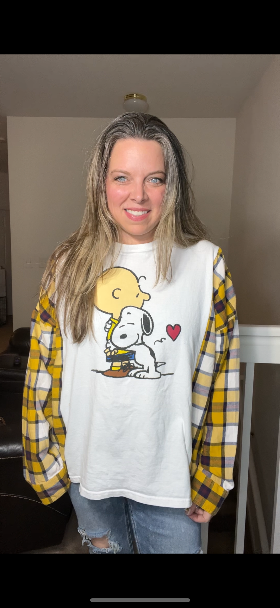 Upcycled Charlie Brown – women’s 1X T-shirt with flannel sleeves