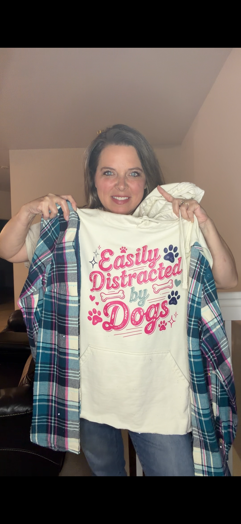 Upcycled Distracted by Dogs - pick size between women's XS/3X – midweight Sweatshirt with flannel sleeves ￼