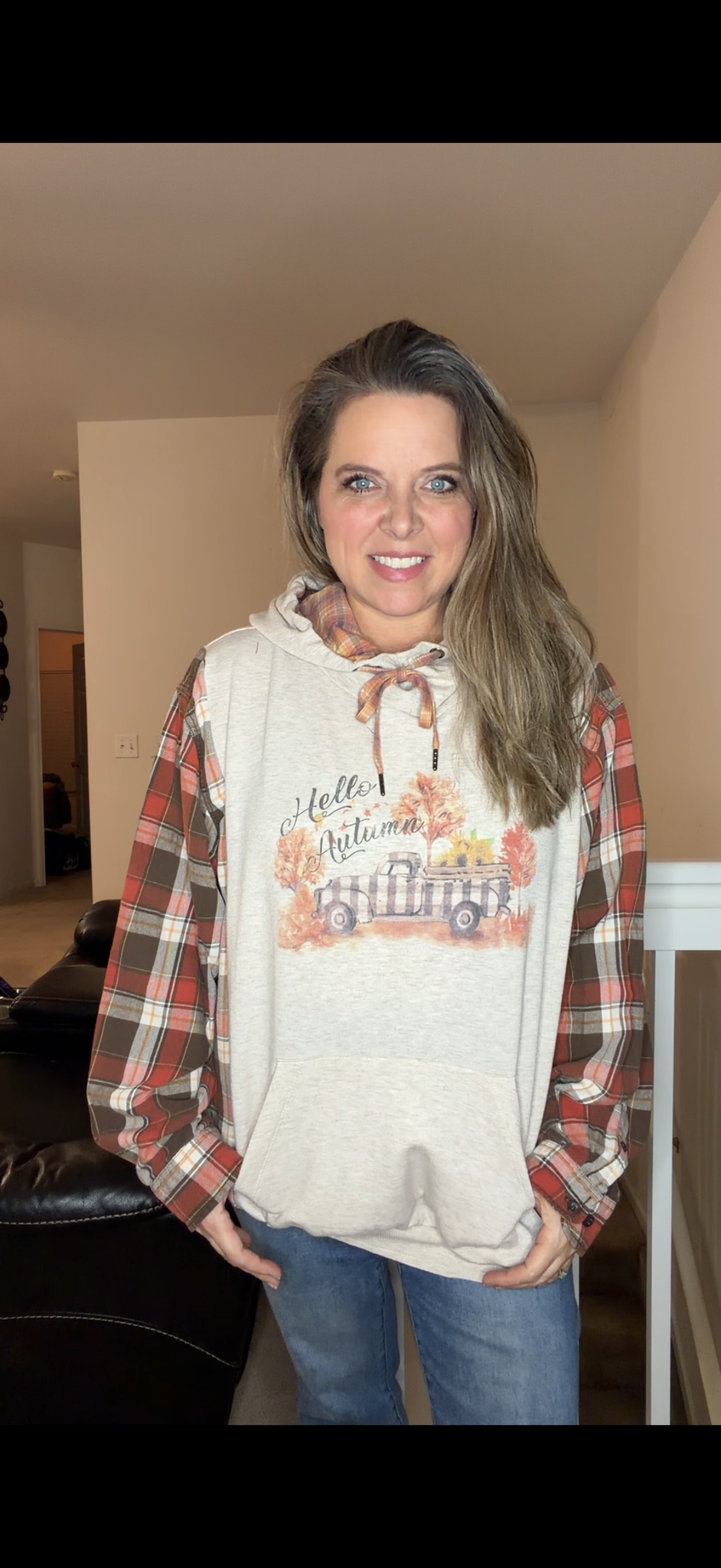 Upcycled Fall Truck - women's 1X midweight sweatshirt with flannel sleeves