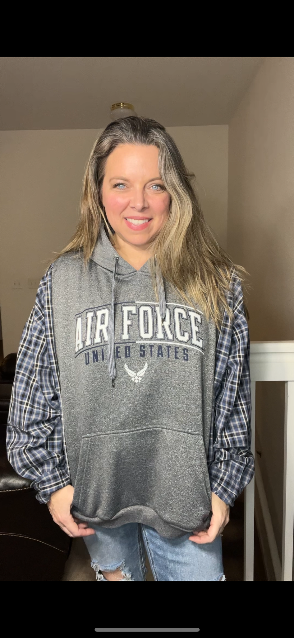 Upcycled Air Force – women’s 1X/2X – midweight sweatshirt with flannel sleeves