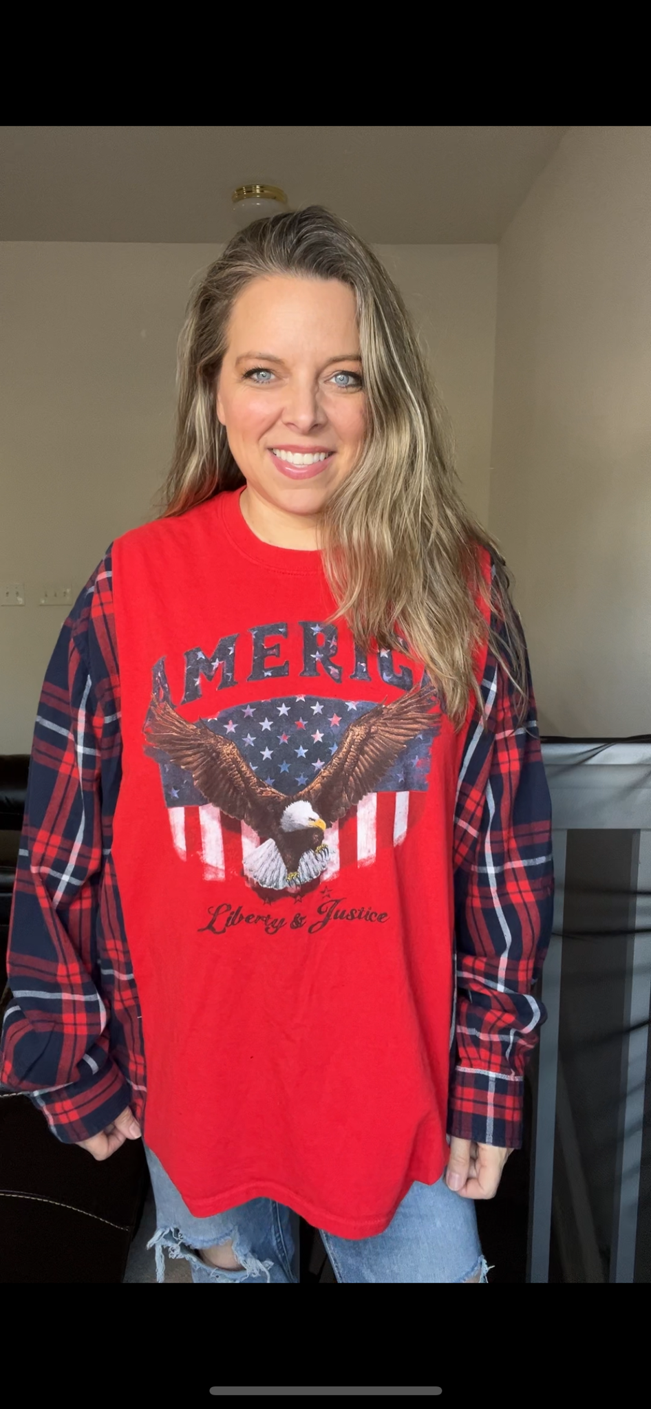 Upcycled Eagle – women’s 2X/3X T-shirt with flannel sleeves