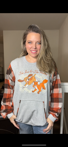 Upcycled Fox and the hound – women’s 2X/3X midweight sweatshirt with flannel sleeves￼