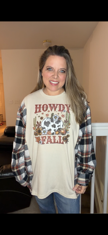 Upcycled Howdy - women's 3X T-shirt with flannel sleeves ￼