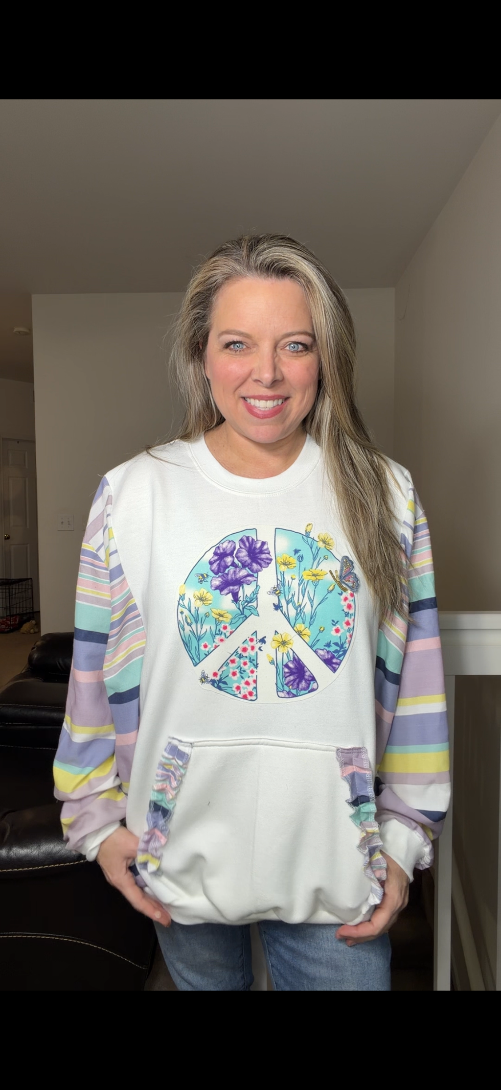 Upcycled Peace - women's 2X midweight sweatshirt with thin cotton sleeves