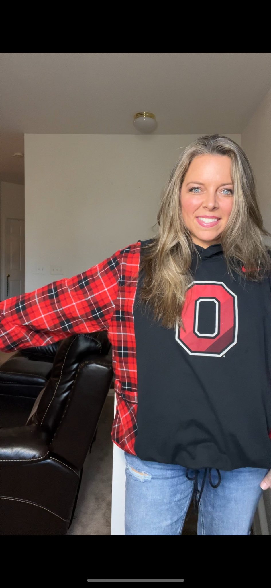 Upcycled Ohio – women’s 1X T-shirt with thin flannel sleeves￼