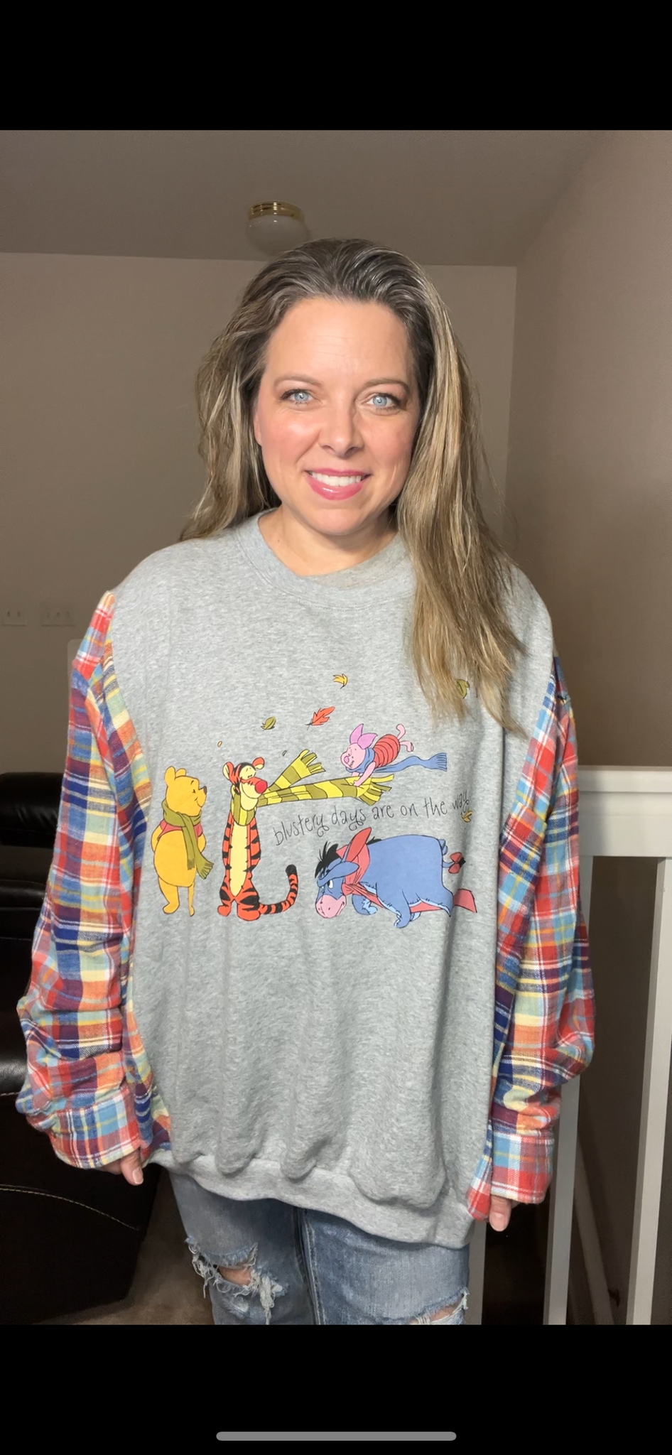 Upcycled Blustery day – women’s 3X – midweight sweatshirt with flannel sleeves￼