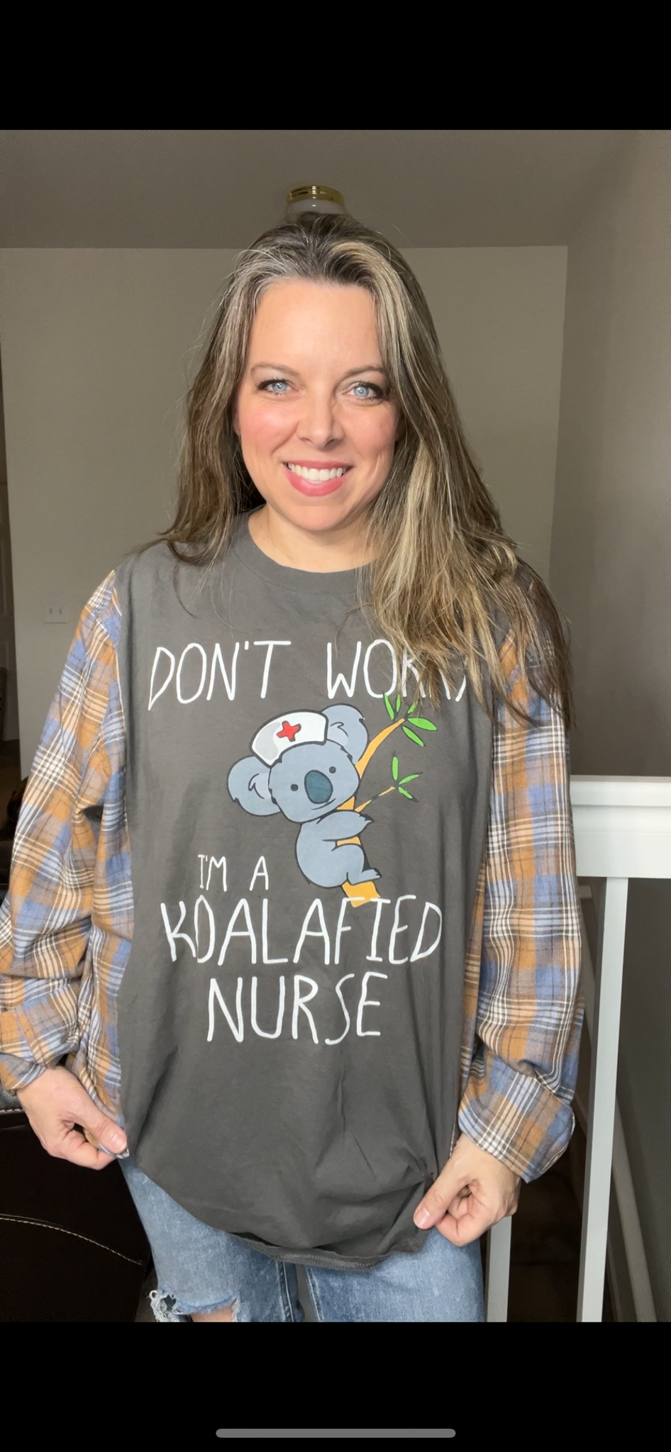 Upcycled Nurse – women’s 2X long T-shirt with flannel sleeves