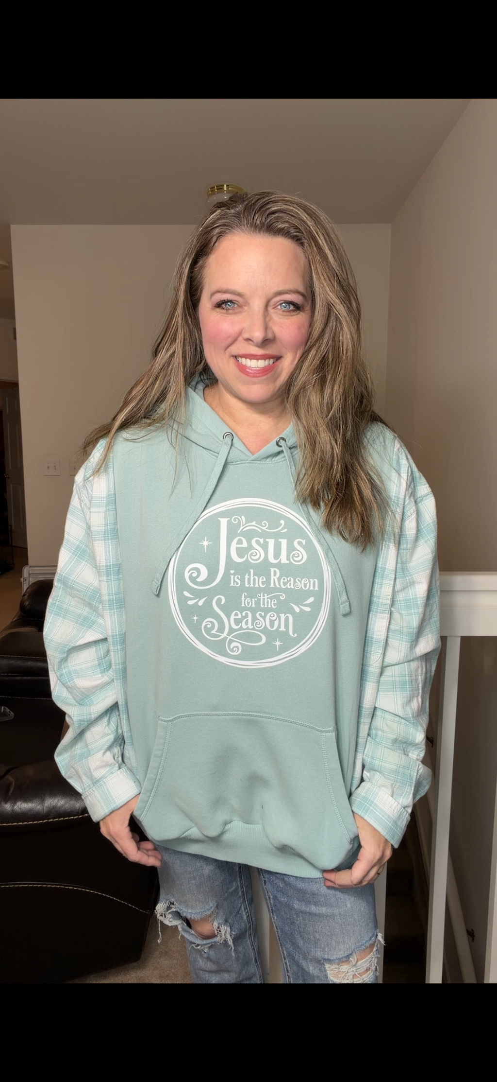 Upcycled Jesus Season - women's 2X midweight sweatshirt with flannel sleeves
