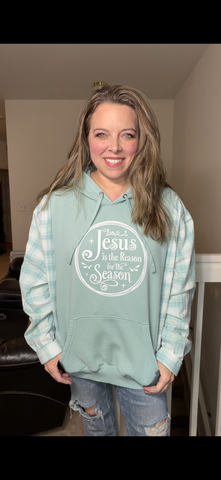Upcycled Jesus Season - women's 2X midweight sweatshirt with flannel sleeves