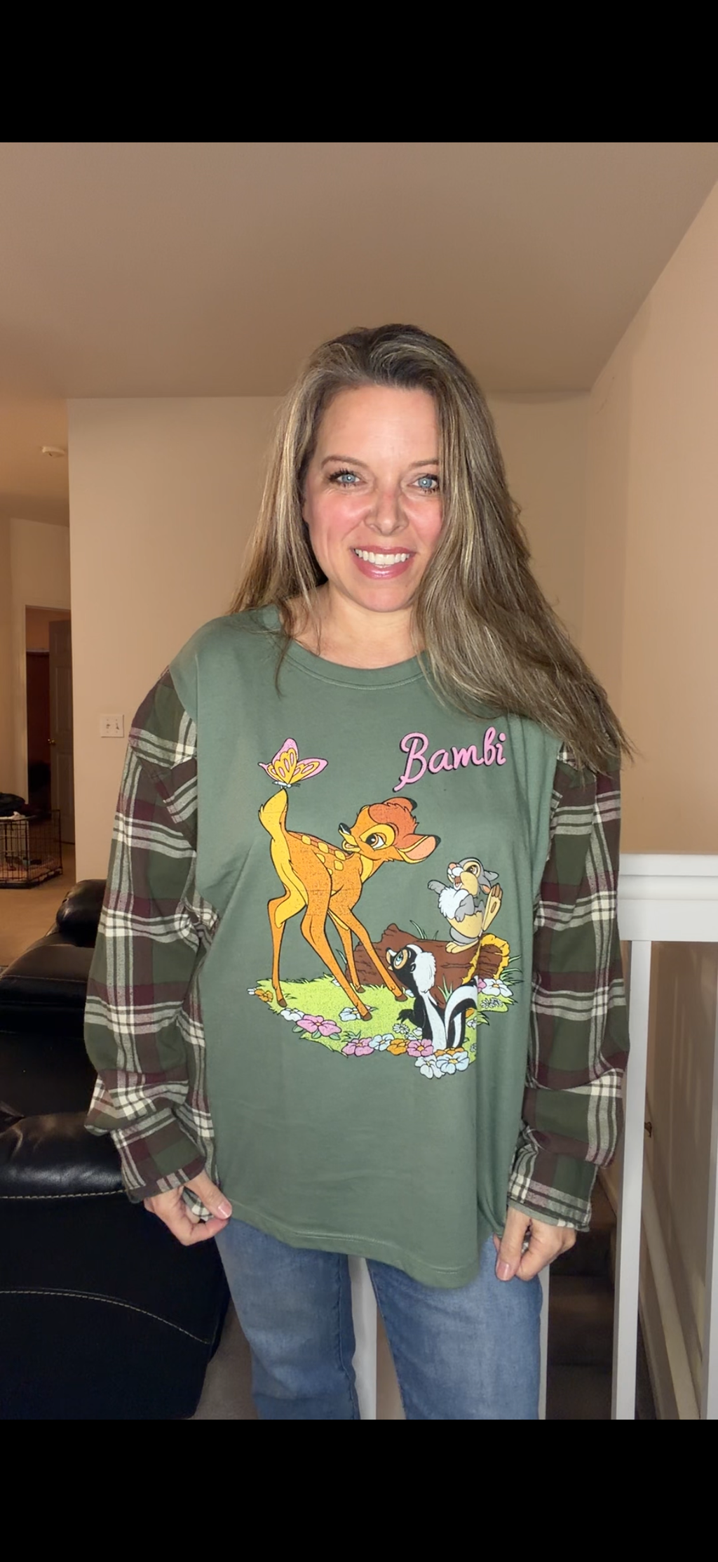 Upcycled Bambi - women's 1X T-shirt with flannel sleeves