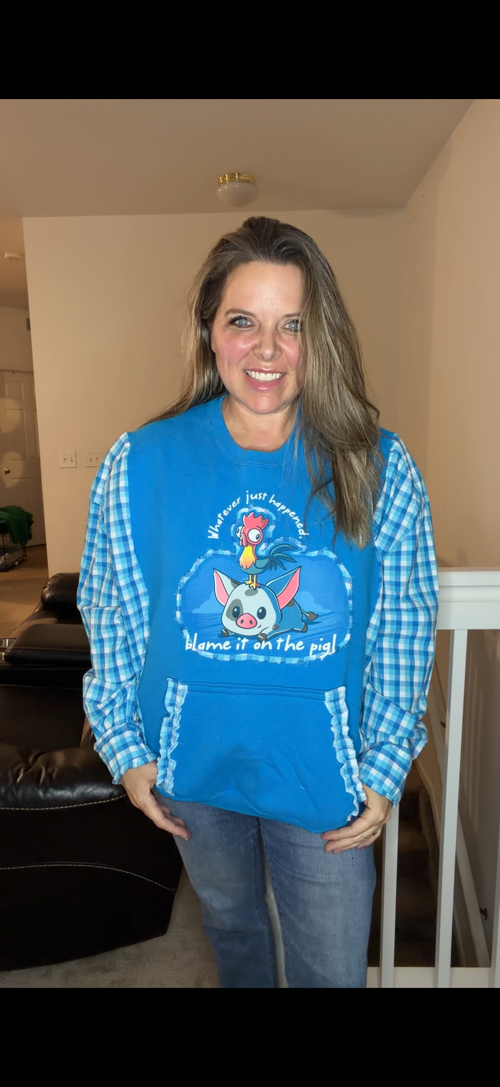 Upcycled Hei Hei - women's large/XL midweight sweatshirt with cotton sleeves